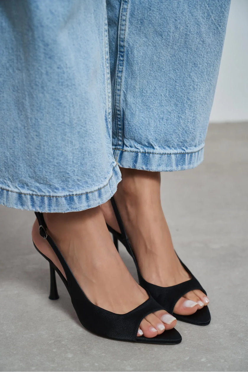 MAIA Black Satin Pointed Toe Open Front Women’s Heels