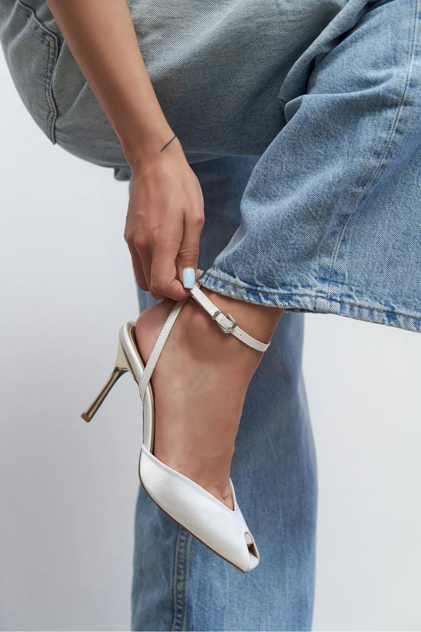 VELA Pearl Satin Ankle Tie Open Toe Women’s Heels
