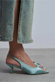 SALVA Turquoise Satin Pointed Toe Open Front Women’s Heels