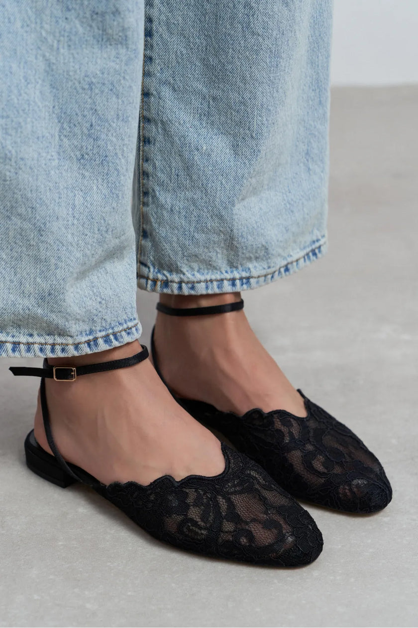 Tracy Black Lace Detail Back-Strap Buckle Flat Sandals