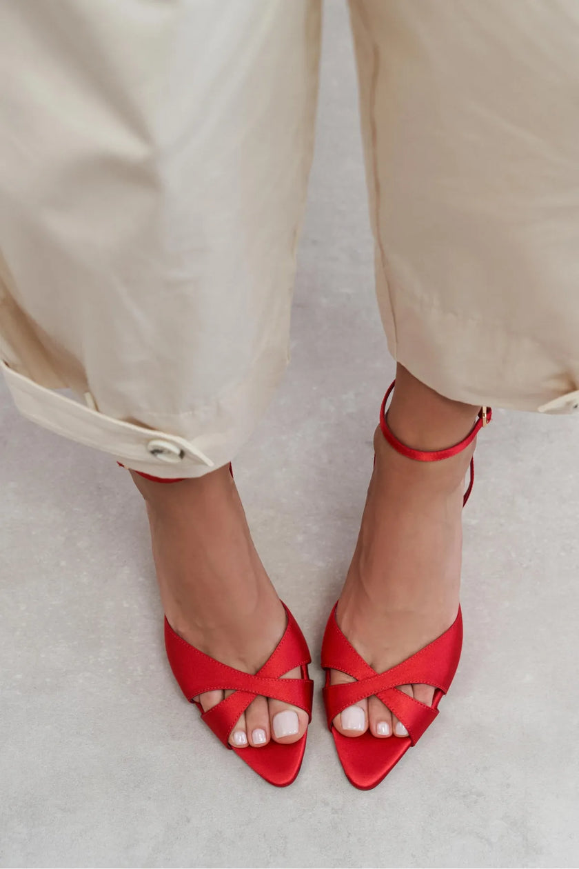 MONICA Red Satin Ankle Strap Detail Women’s Stiletto Heels
