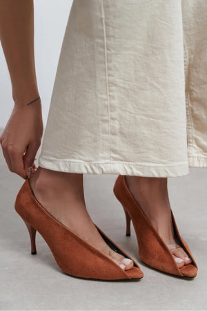 PO Terracotta Suede Pointed Toe Women’s Heels with Transparent Detail