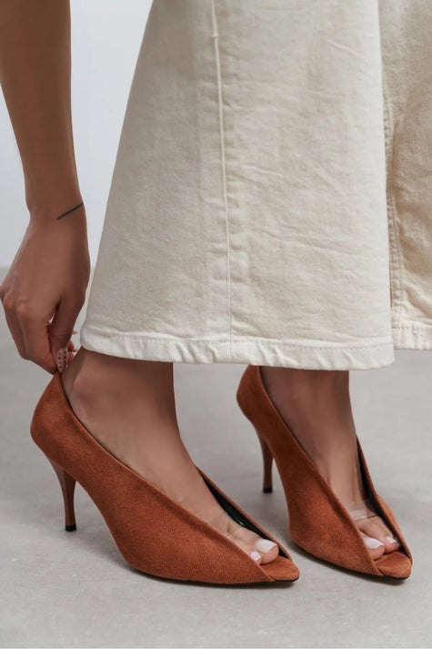 PO Terracotta Suede Pointed Toe Women’s Heels with Transparent Detail
