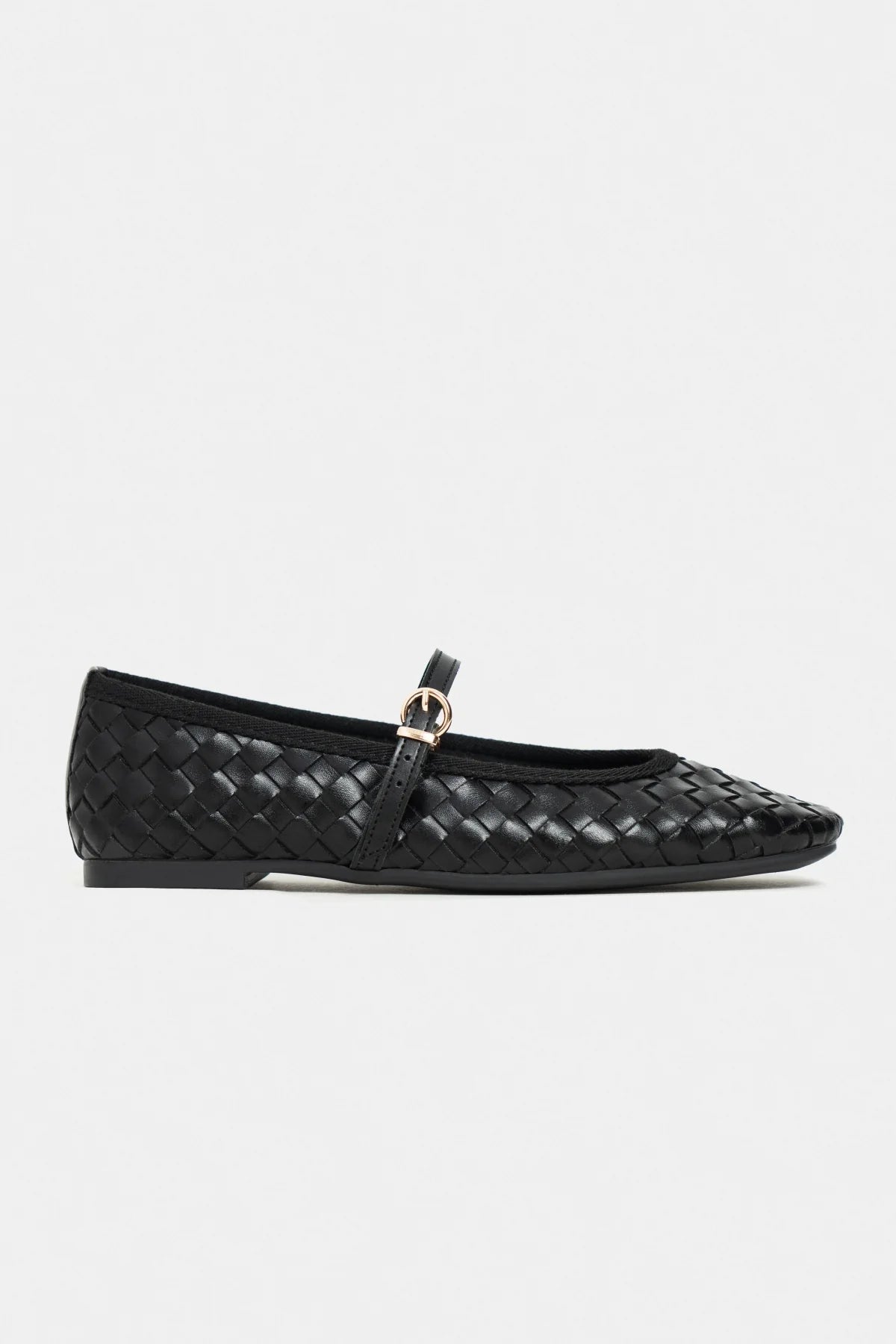 JEREMI Black Pattern Matte Buckle Detail Women’s Ballet Flats