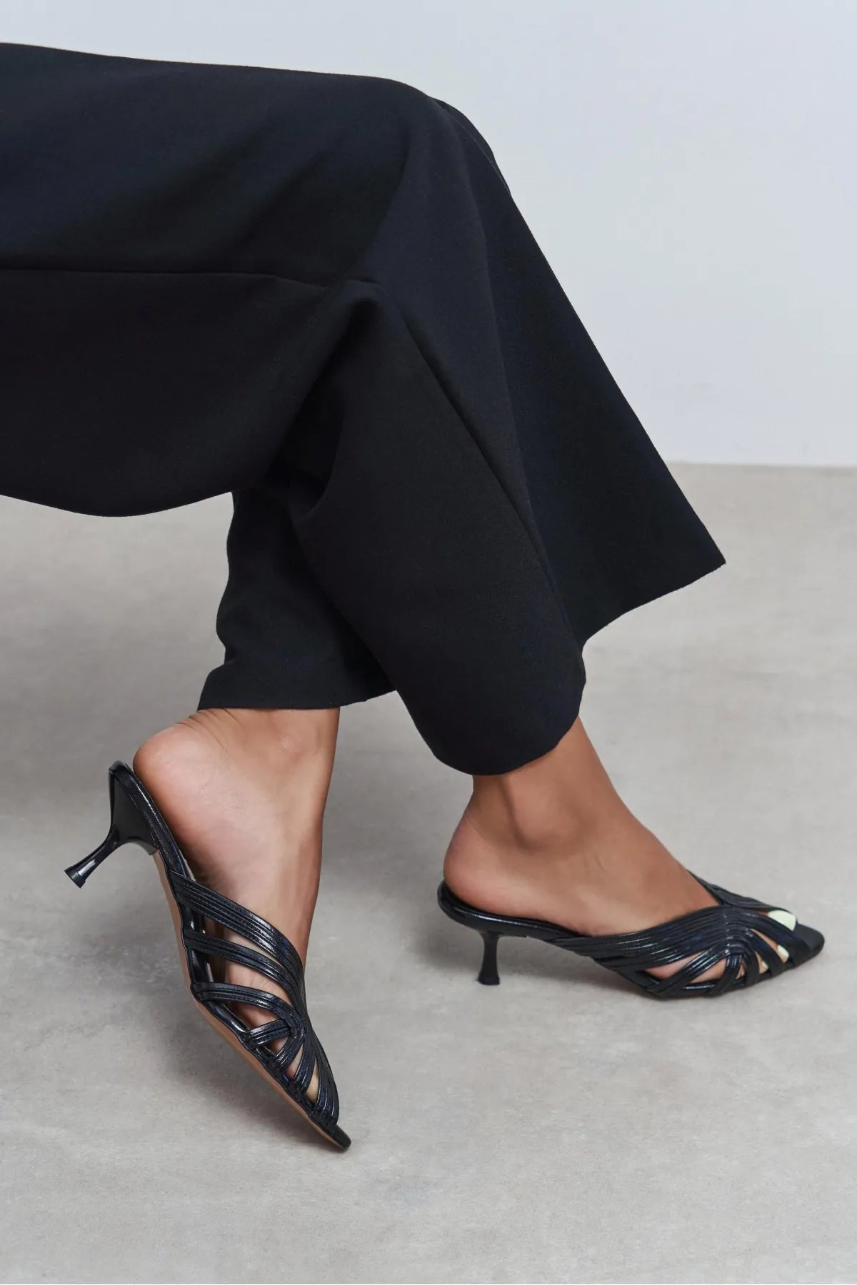 ROSIE Black Metallic Open-Toe Cage Detail Women's Heeled Slippers
