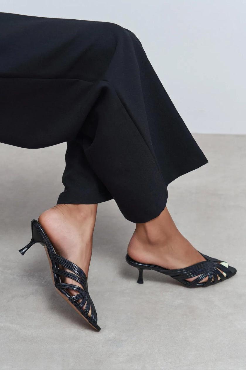 ROSIE Black Metallic Open-Toe Cage Detail Women's Heeled Slippers