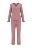 Dusty Rose Baby Overlock Detailed Ribbed Knit Pajama Set