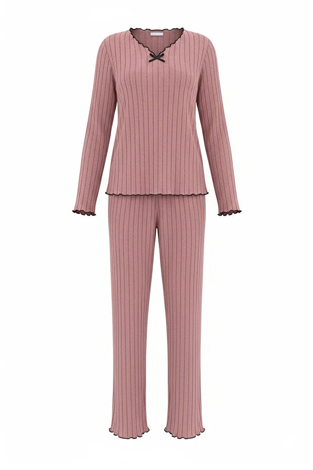 Dusty Rose Baby Overlock Detailed Ribbed Knit Pajama Set