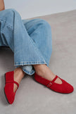 MERA Red Suede Buckle Detail Genuine Leather Women’s Flat Ballet Shoes