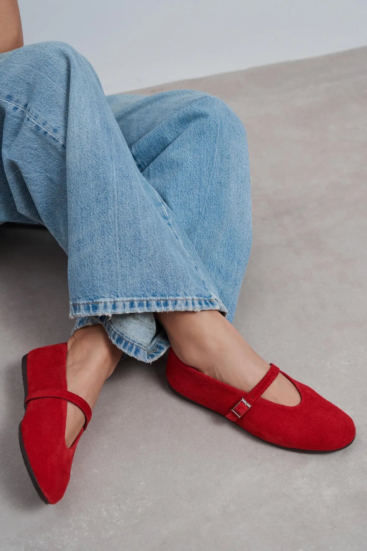 MERA Red Suede Buckle Detail Genuine Leather Women’s Flat Ballet Shoes
