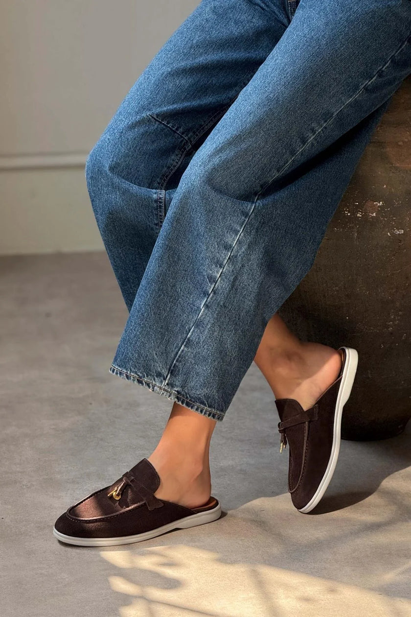 Most Brown Suede Genuine Leather Tassel Detail Flat Sole Women's Slippers