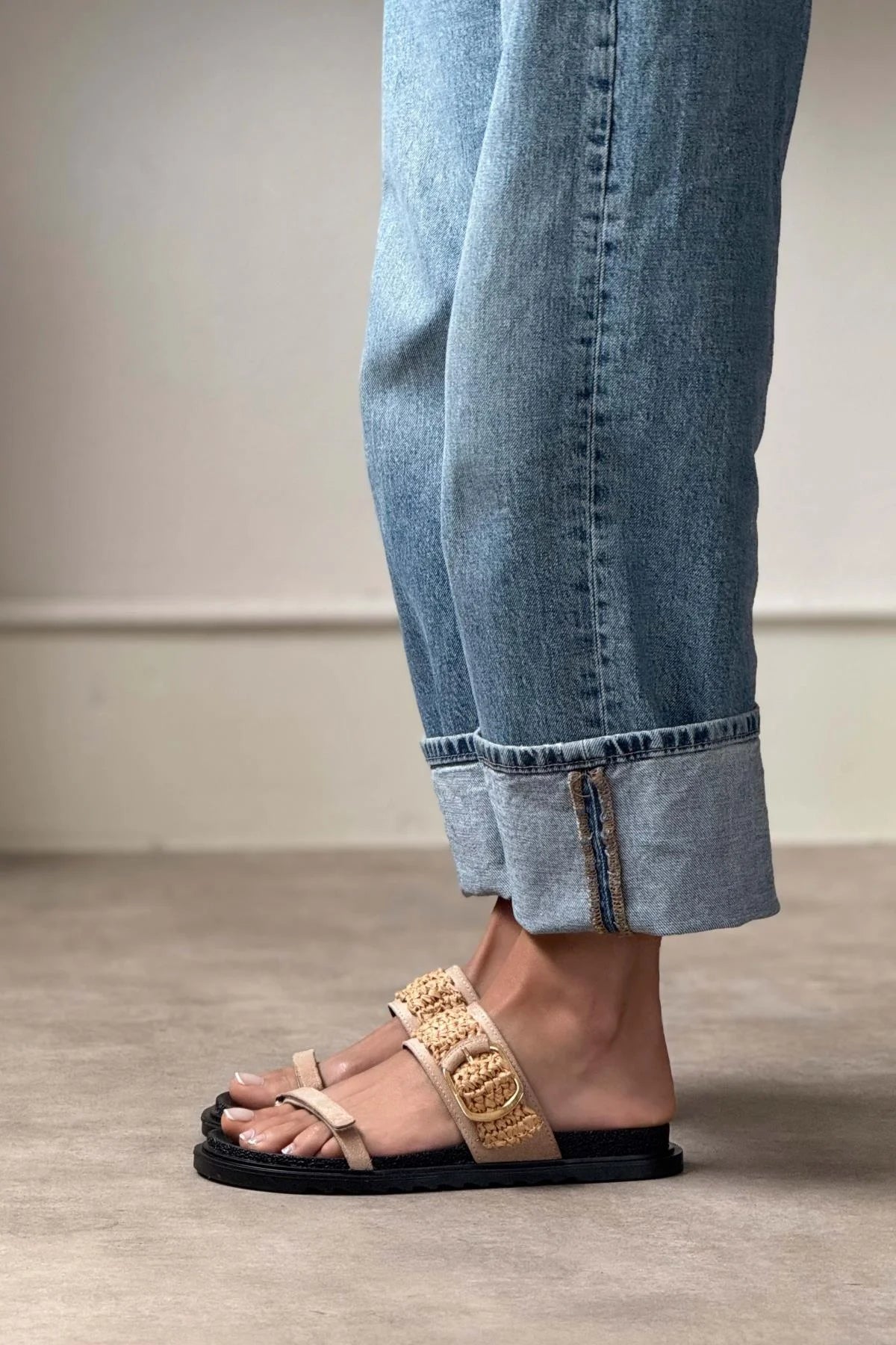 Joke Camel Suede Buckled Knit Detail Flat Sole Women's Slippers