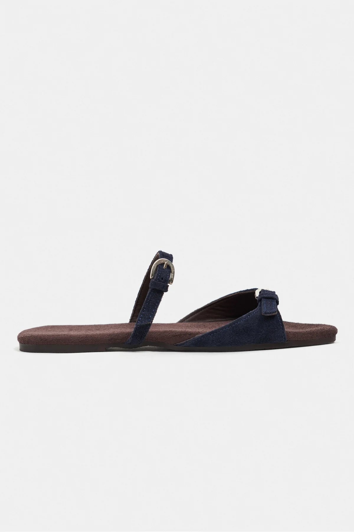 CALINA Navy Blue Suede Double Buckle Women's Flat Slippers