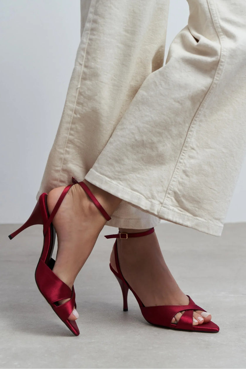 MONICA Burgundy Satin Ankle-Strap Detail Women’s Slim High-Heel Shoes