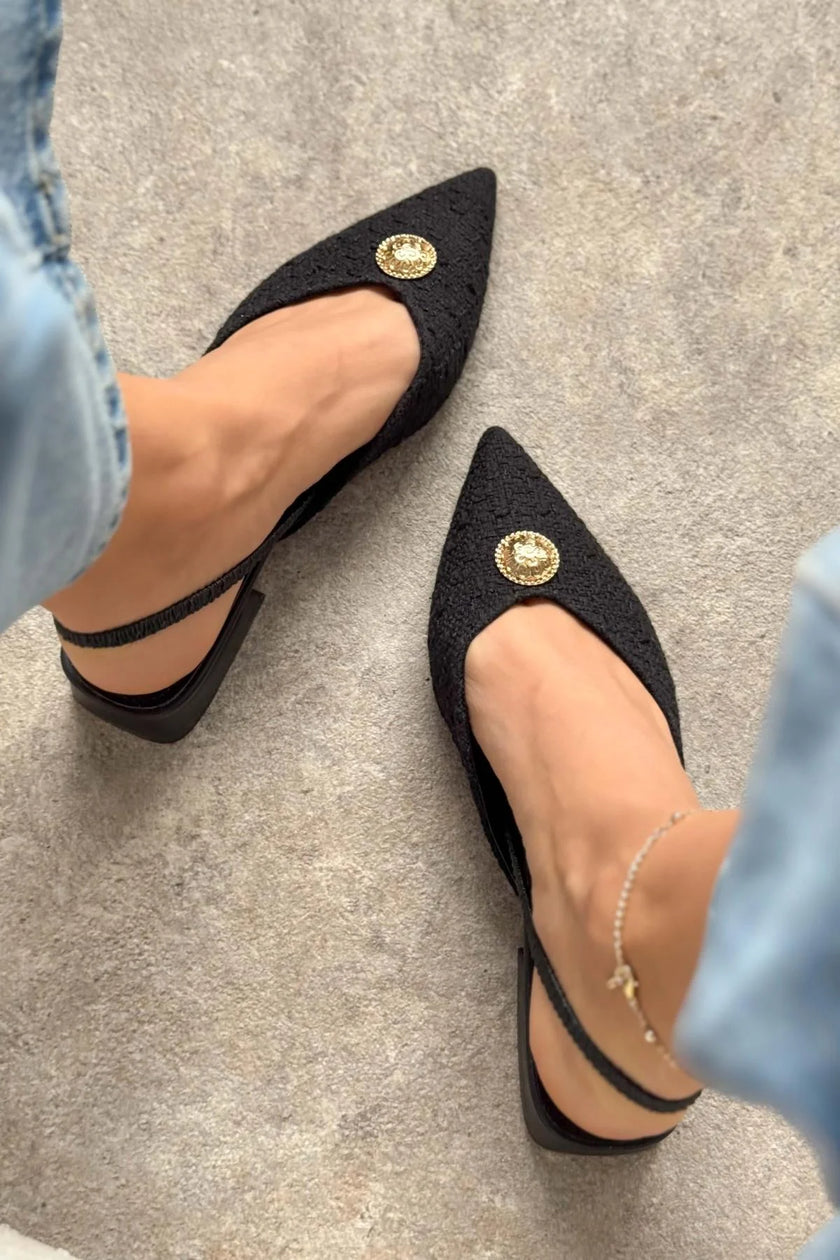 Cassandra Black Kilim Accessory Detail Short Heeled Women's Ballerinas