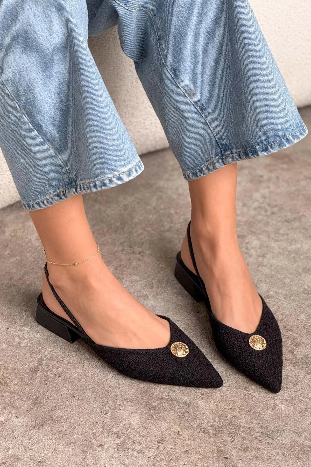 Cassandra Black Kilim Accessory Detail Short Heeled Women's Ballerinas | Flats Cassandra Black Kilim Accessory Detail Short Heeled Women's Ballerinas | Flats