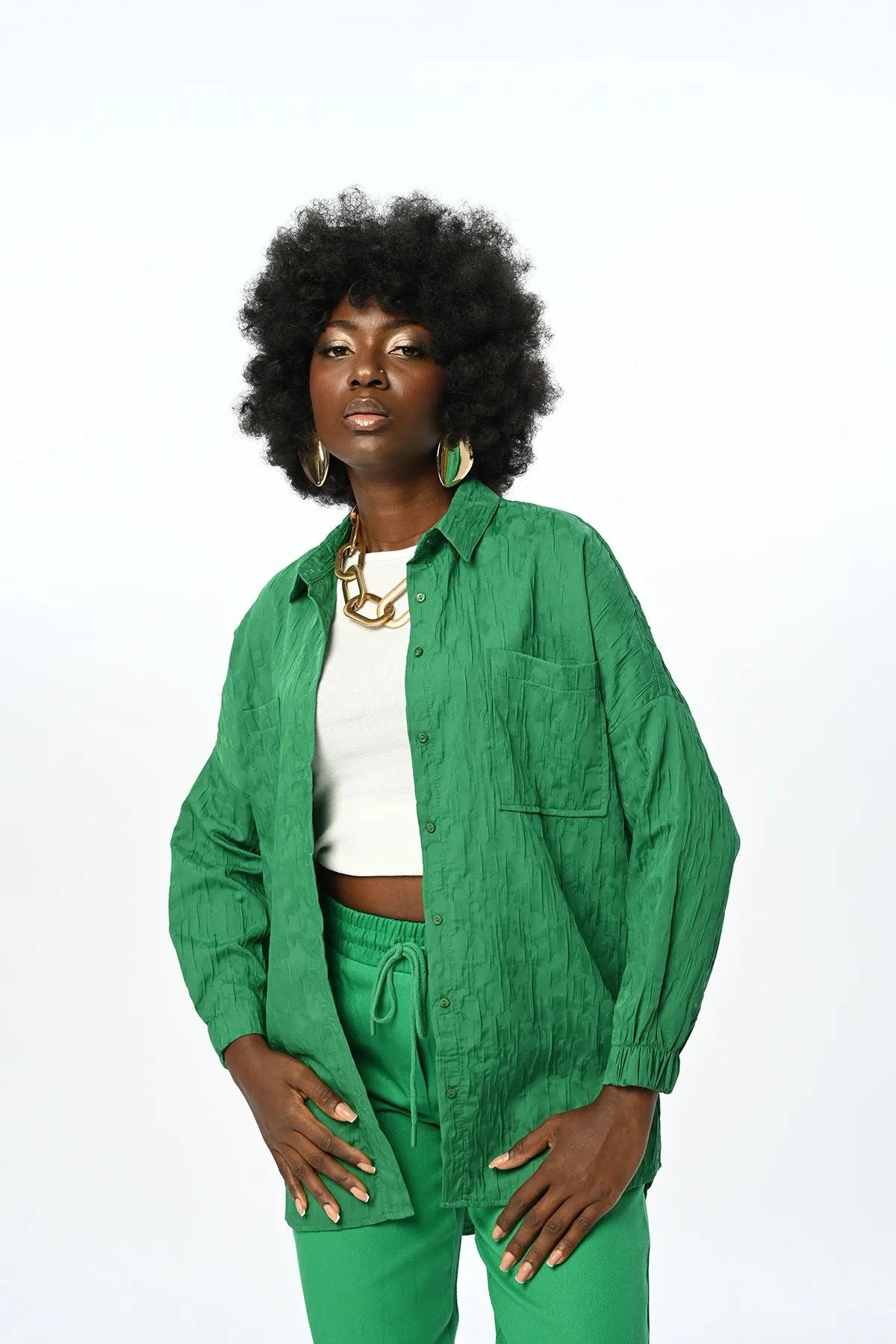 Women's Green Patterned 2 Pocket Shirt With Dressed Sleeve Oversized