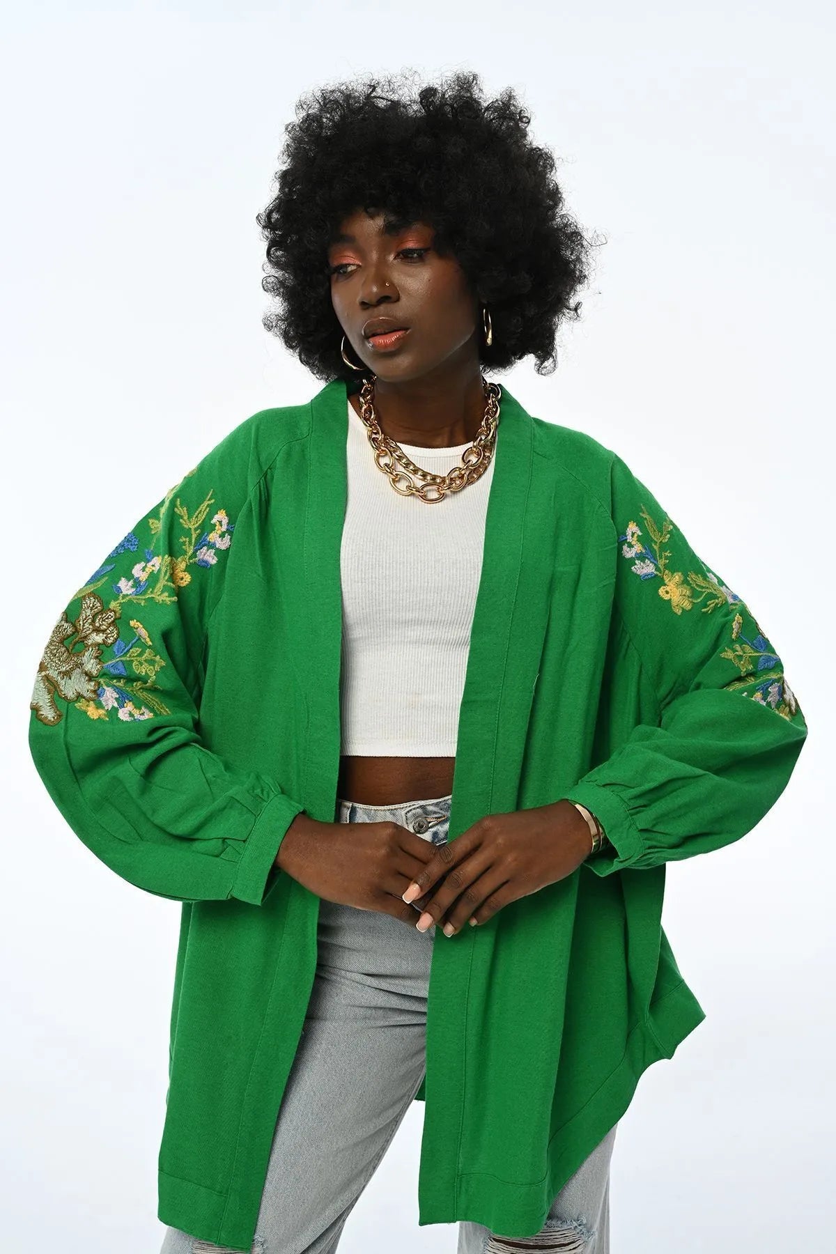 OVERSIZE CUT LINEN BLEND KIMONO JACKET WITH FLORAL EMBROIDERY ON ARM AND BACK