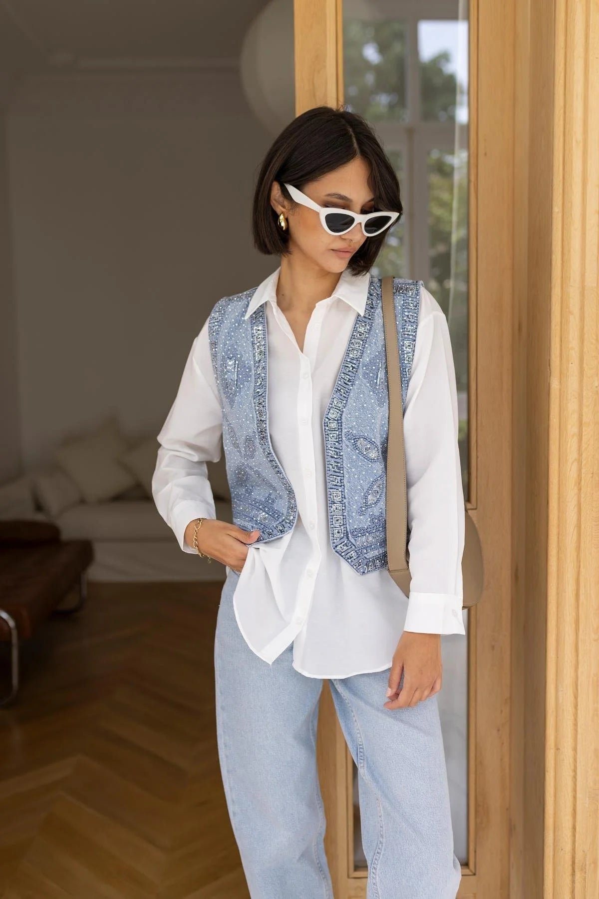 Embroidery Detailed Shirt Vest Set White Blue