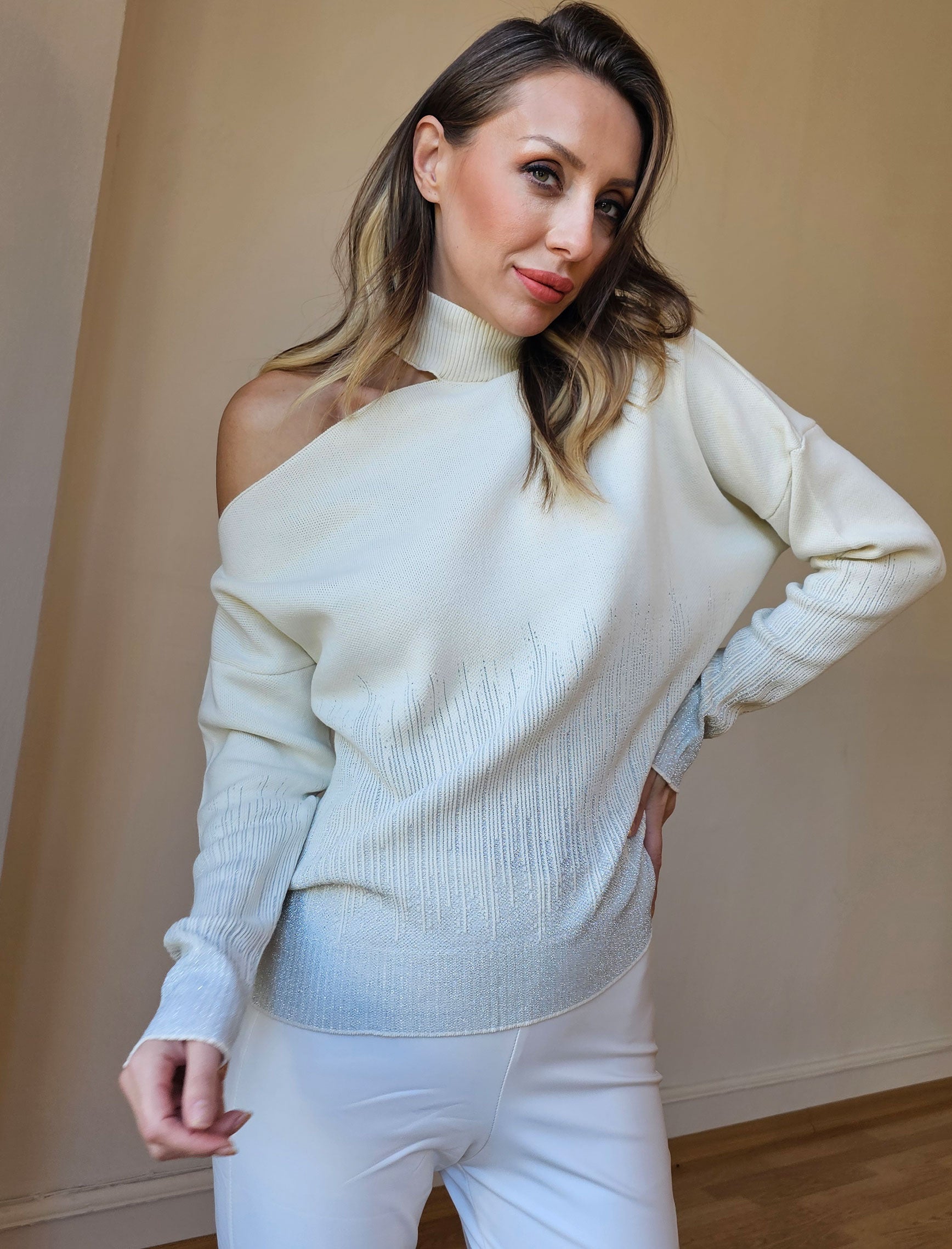 Beige Silver Glitter Single Shoulder Knitwear