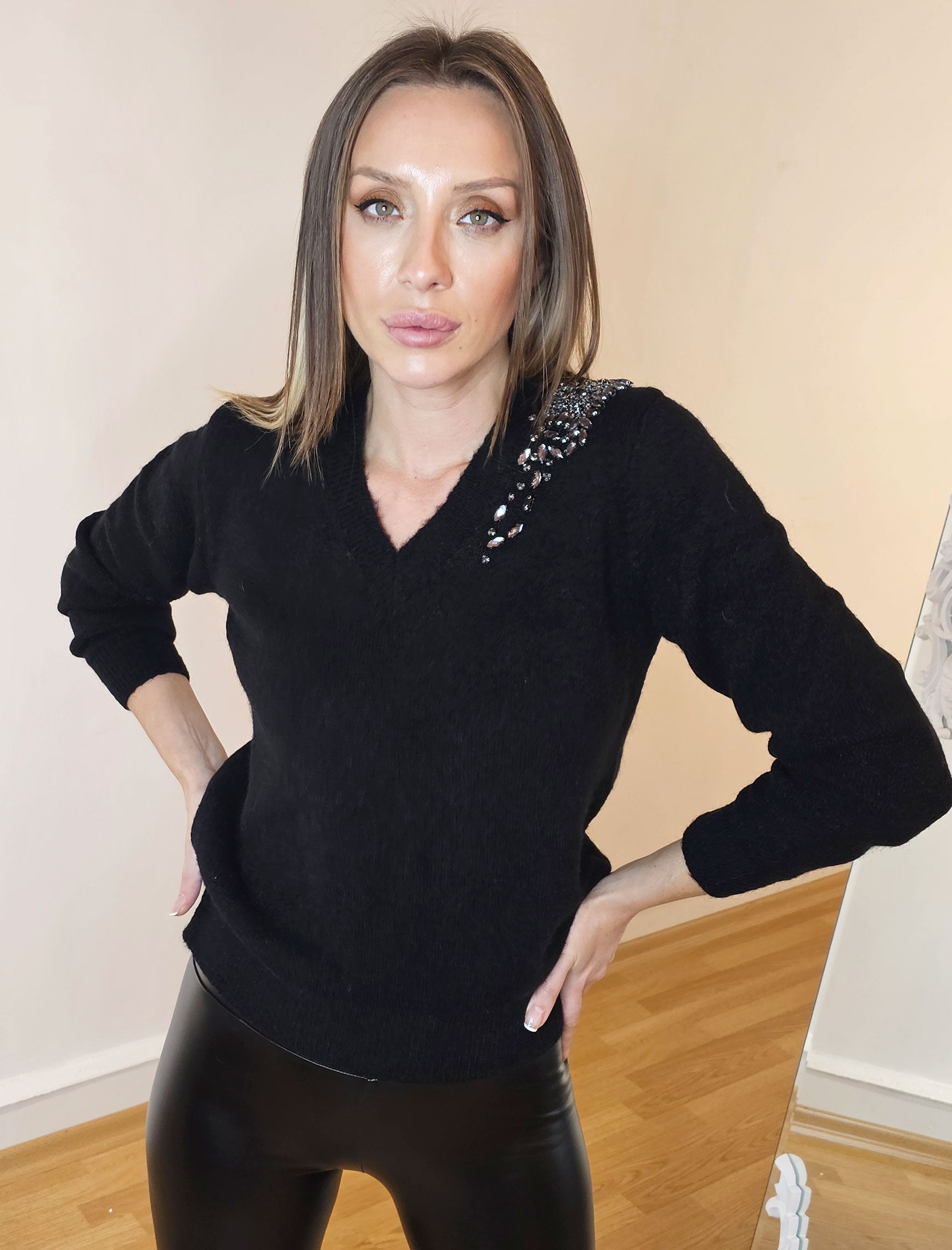 Black V-Neck Stoned Tesa Sweater