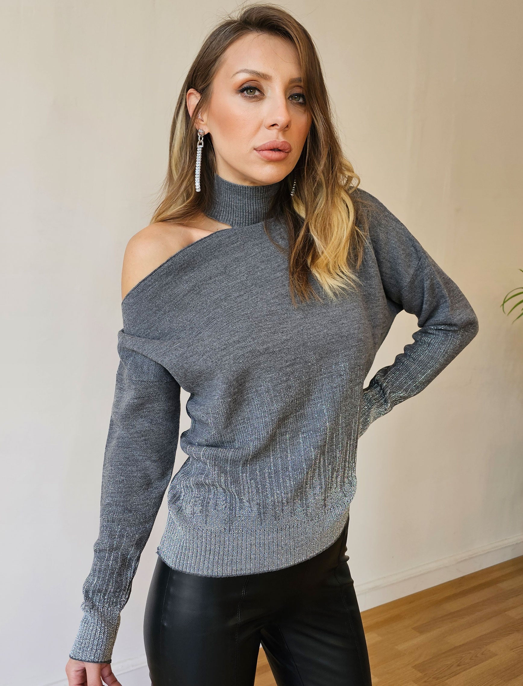 Gray Silver Glitter Single Shoulder Knitwear