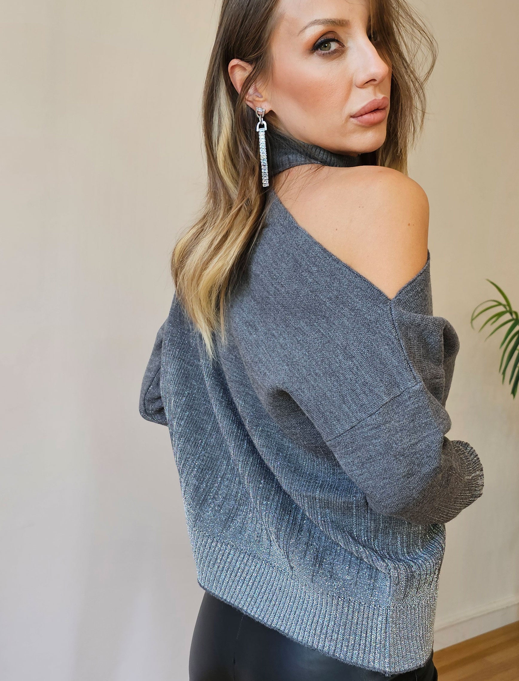 Gray Silver Glitter Single Shoulder Knitwear