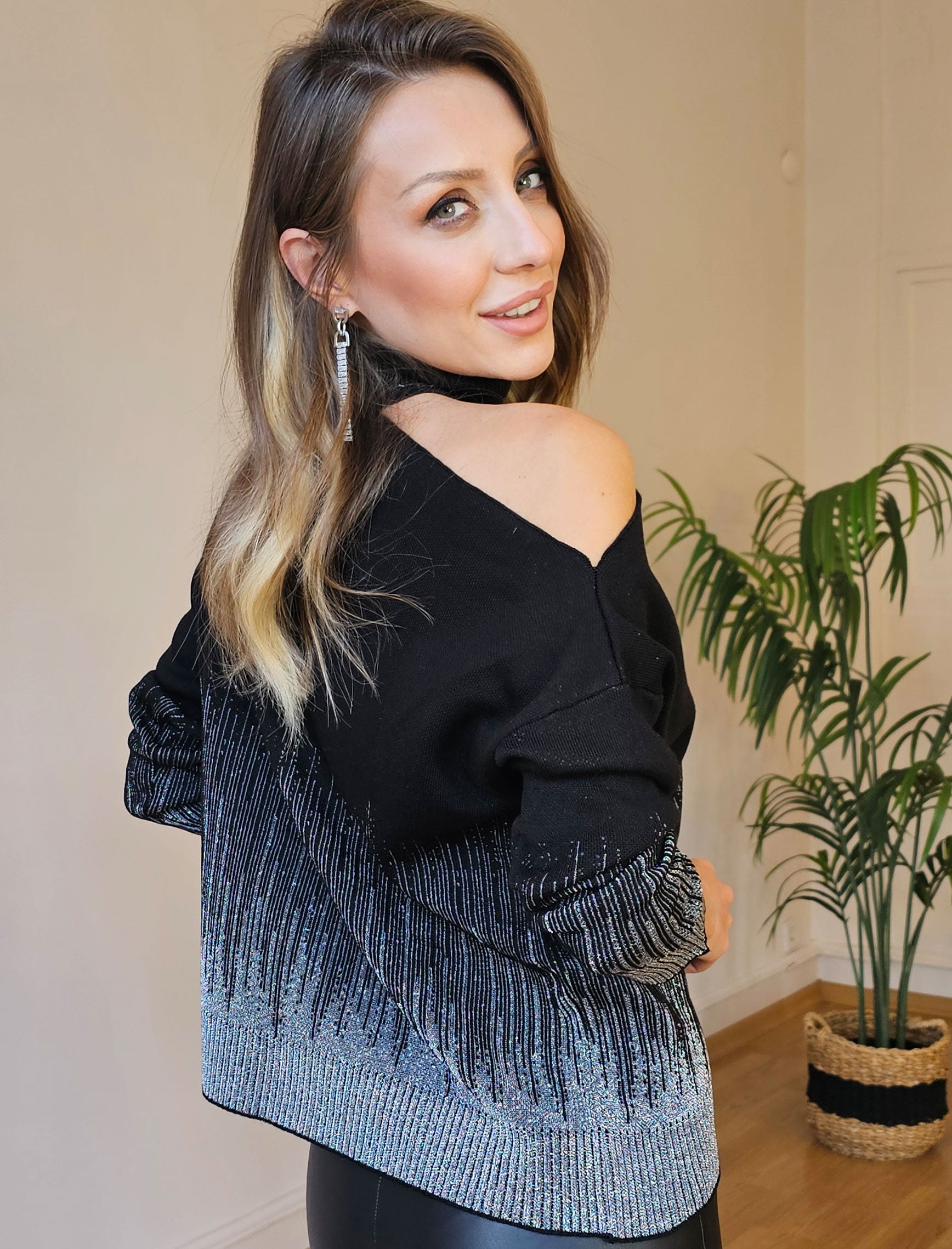 Black Silver Glitter Single Shoulder Knitwear