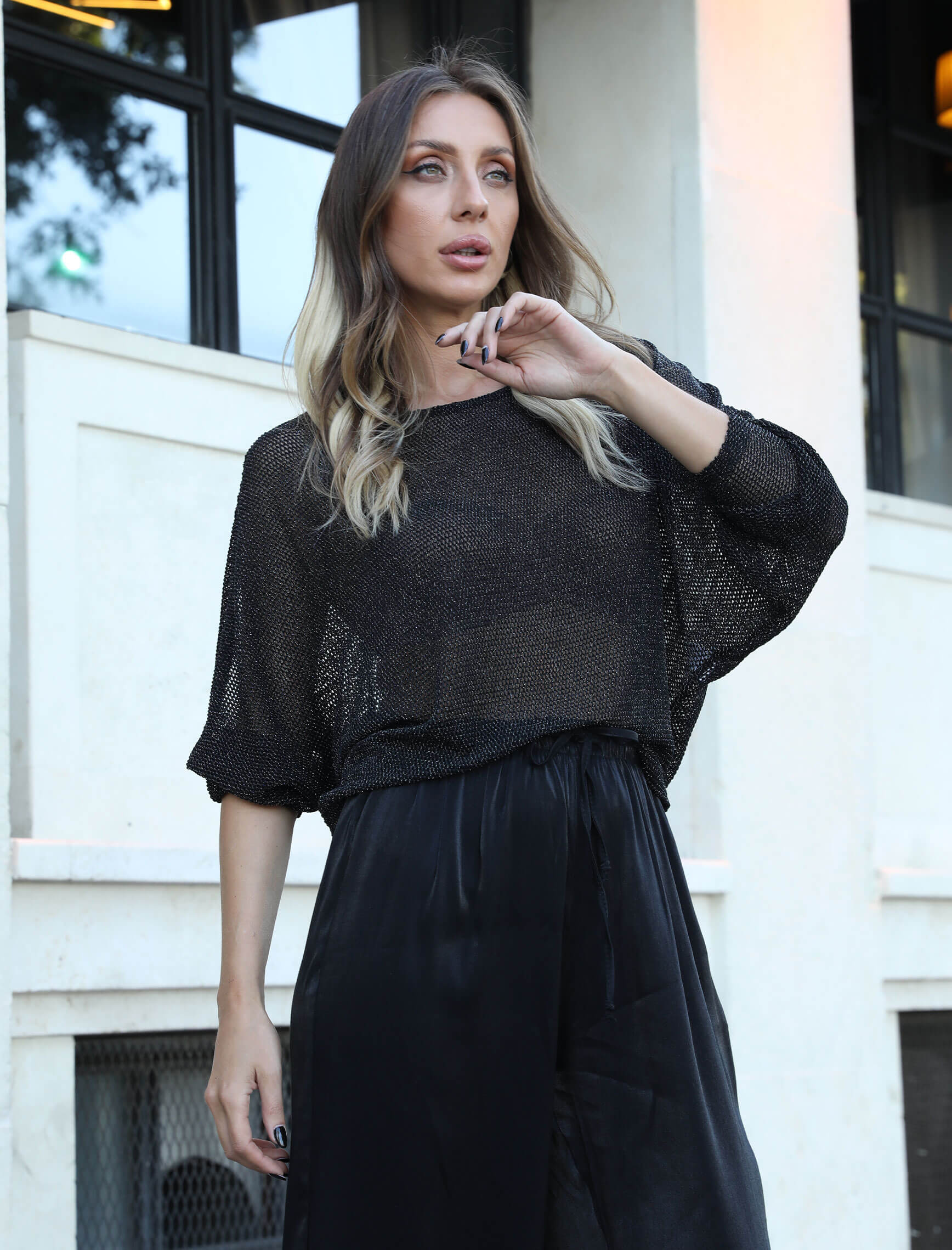 Black Silver Glitter Bat Blouse