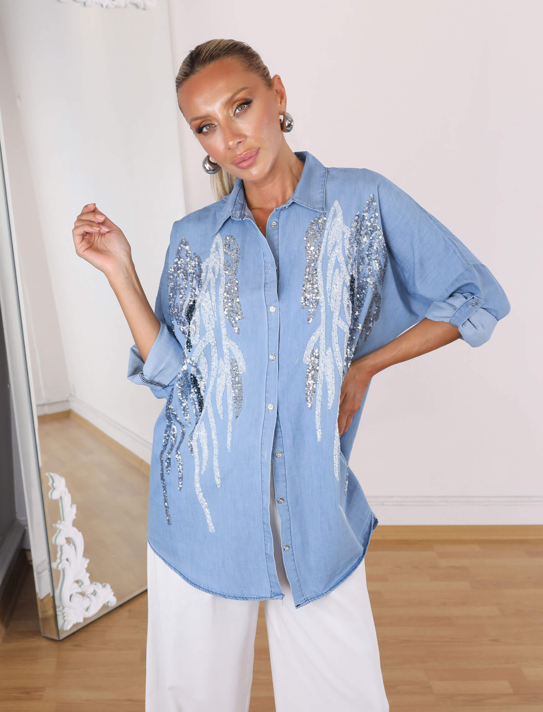 Tencel Sequin Embroidered Shirt
