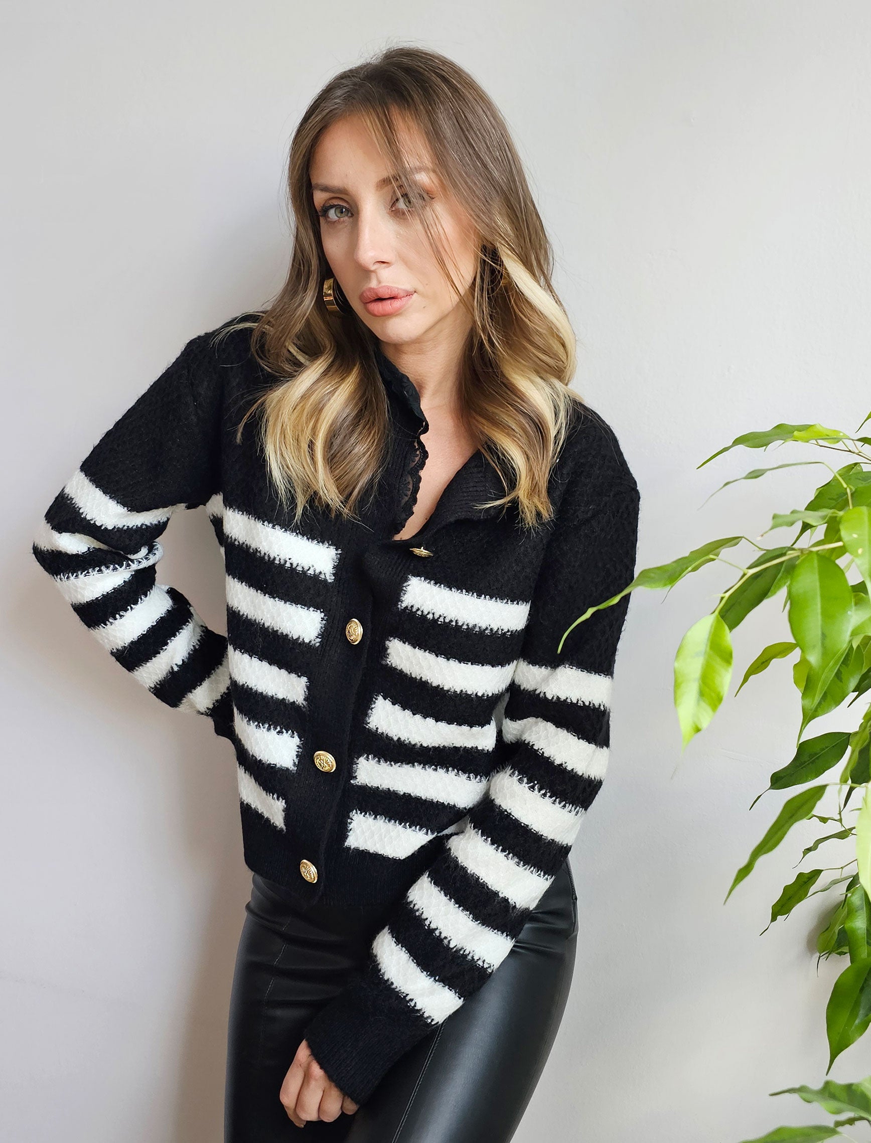 Black Striped Lace Cardigan