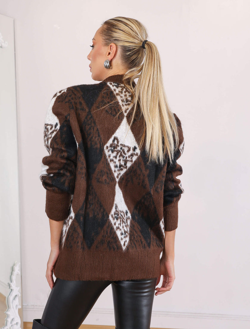 Brown Diamond-Patterned Cardigan