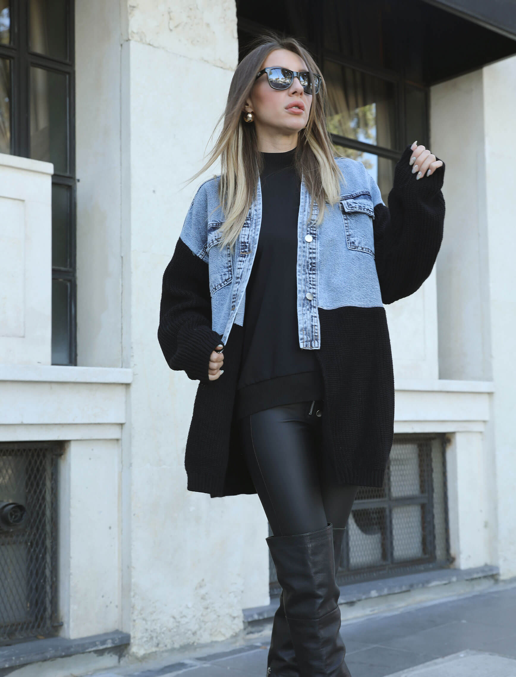 Black Knitwear Jean Design Cardigan