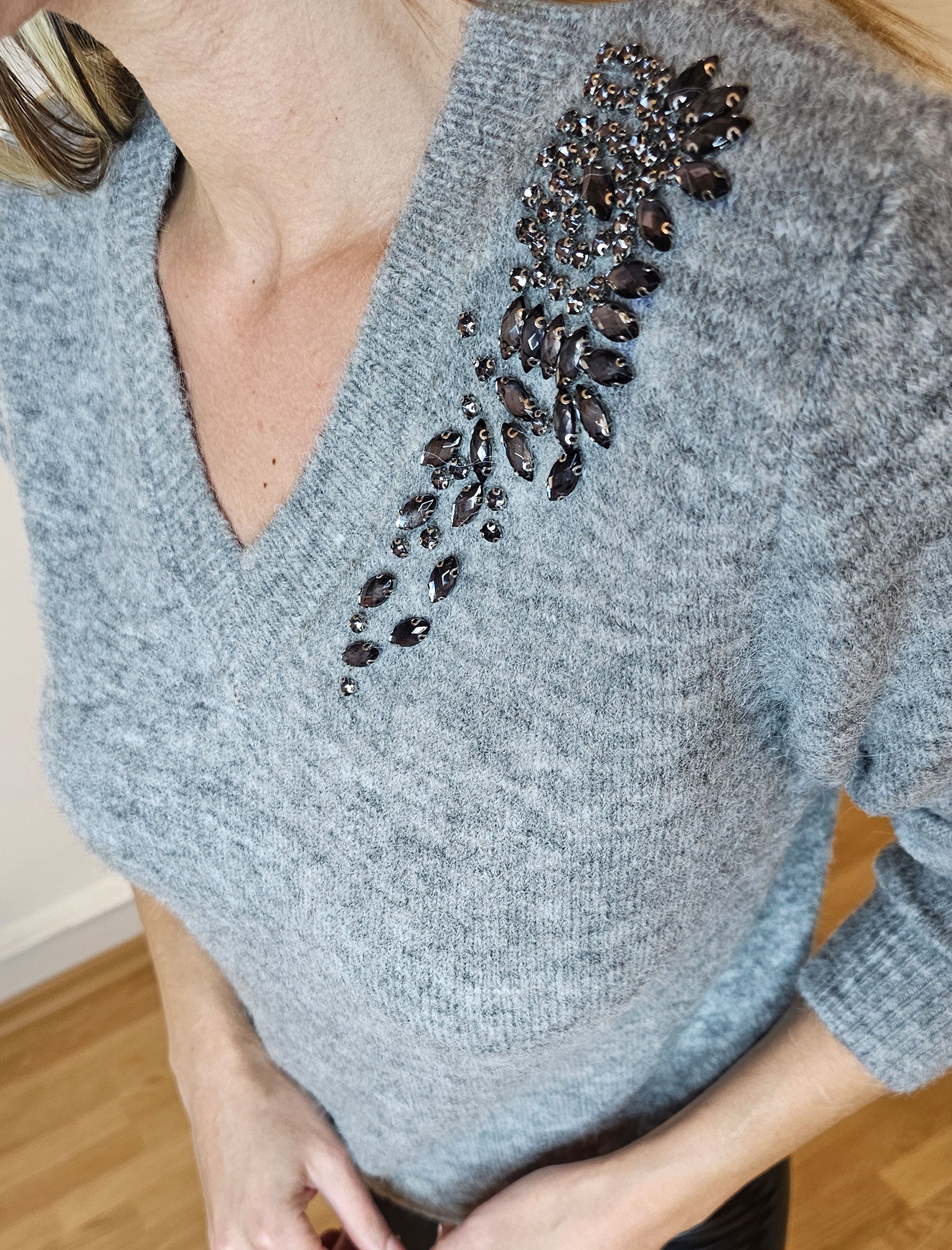 Gray V-Neck Stoned Tesa Sweater