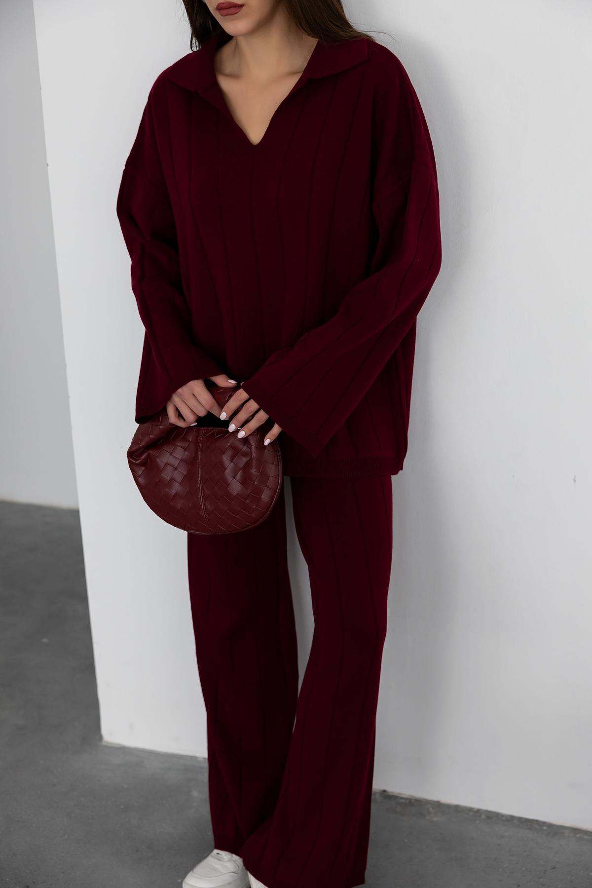 Collared Knitwear Set - CLARET RED