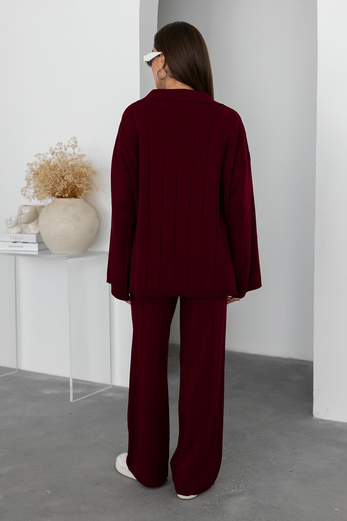 Collared Knitwear Set - CLARET RED