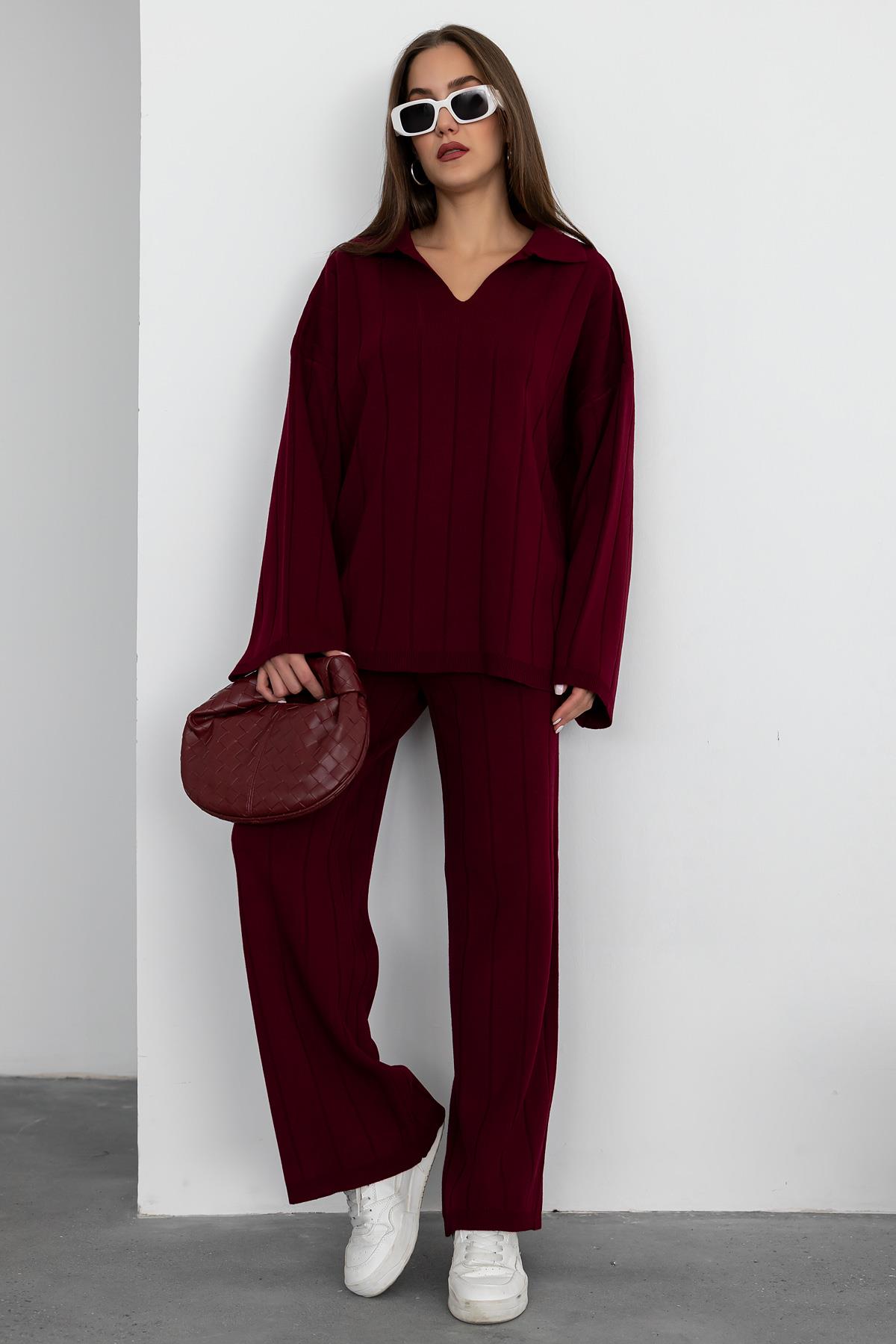 Collared Knitwear Set - CLARET RED