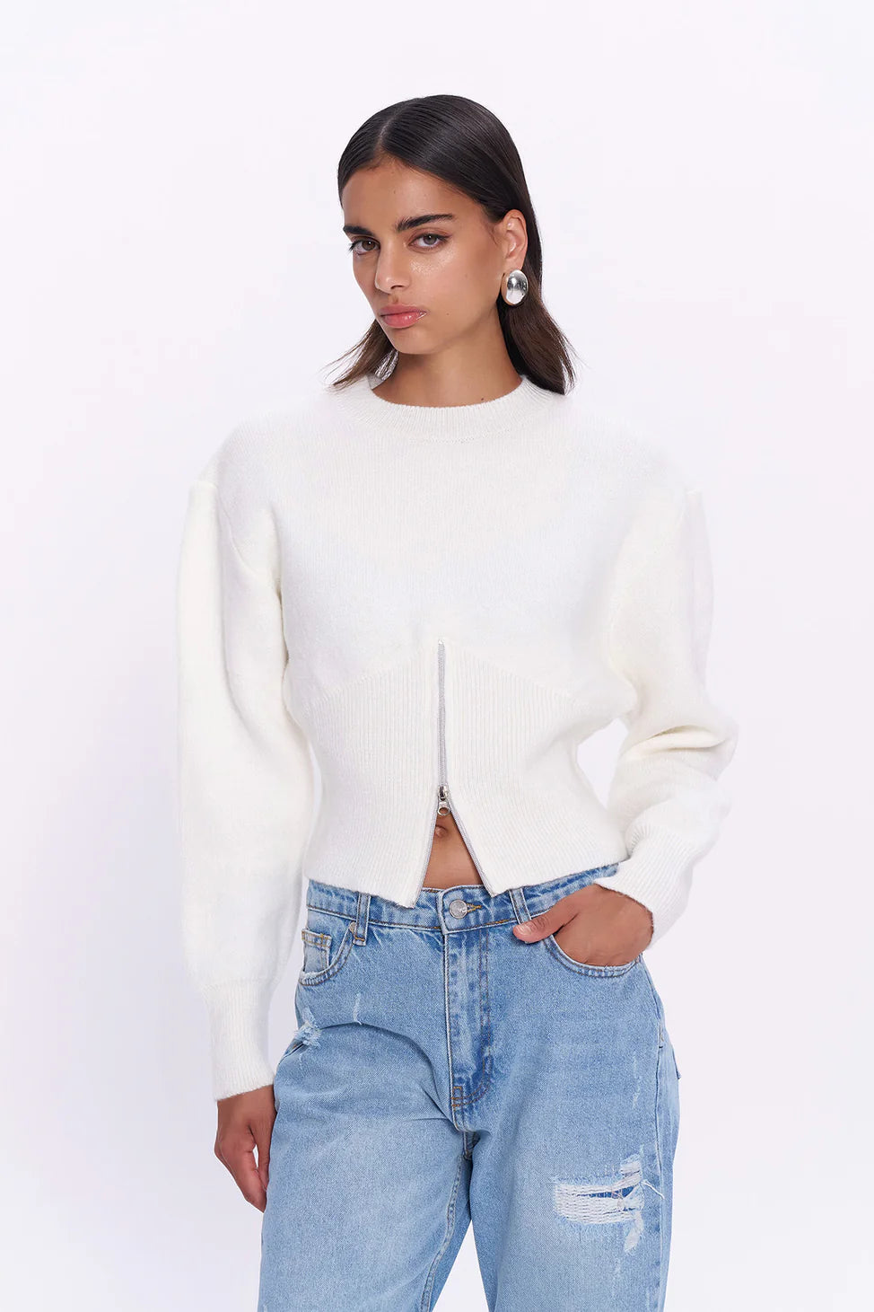 Zipper Accessory Long Sleeve Knitwear Offwhite