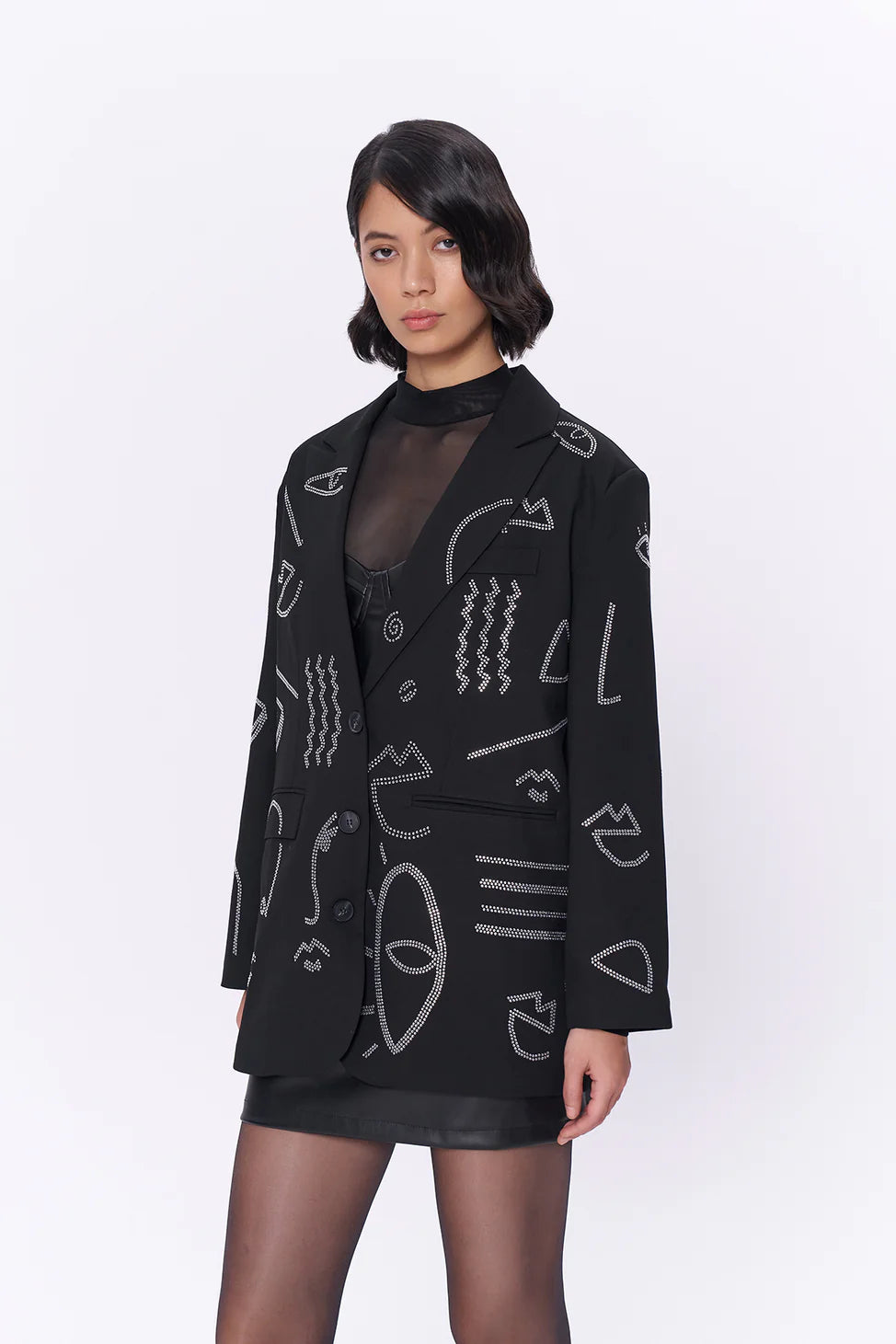 جاكيت اوفر سايز اسود سترة بليزر تفاصيل واشكال ستراس - Black Stone Pattern Double Breasted Oversized Blazer Jacket