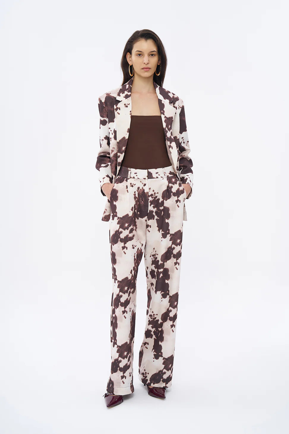 Cow Pattern High Waist Wide Leg Trousers Brown