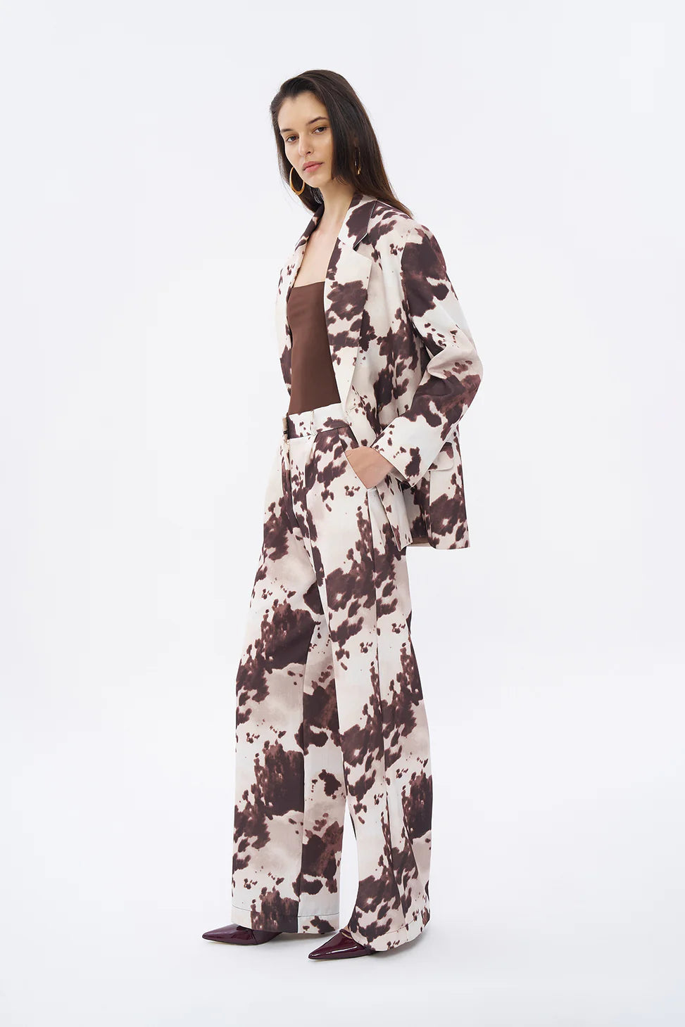 Cow Pattern High Waist Wide Leg Trousers Brown