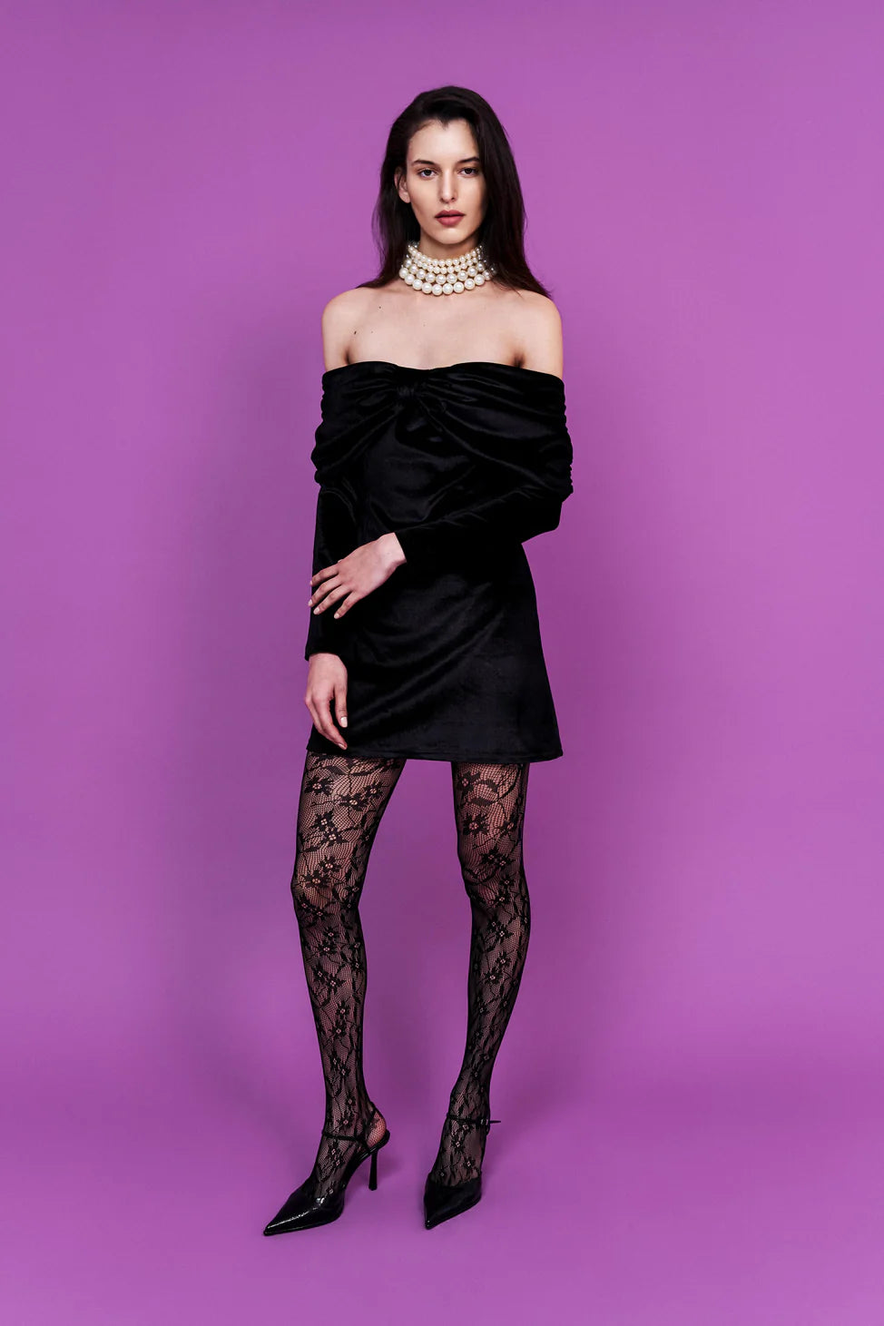 Ribbon Detailed Velvet Mini Dress Black