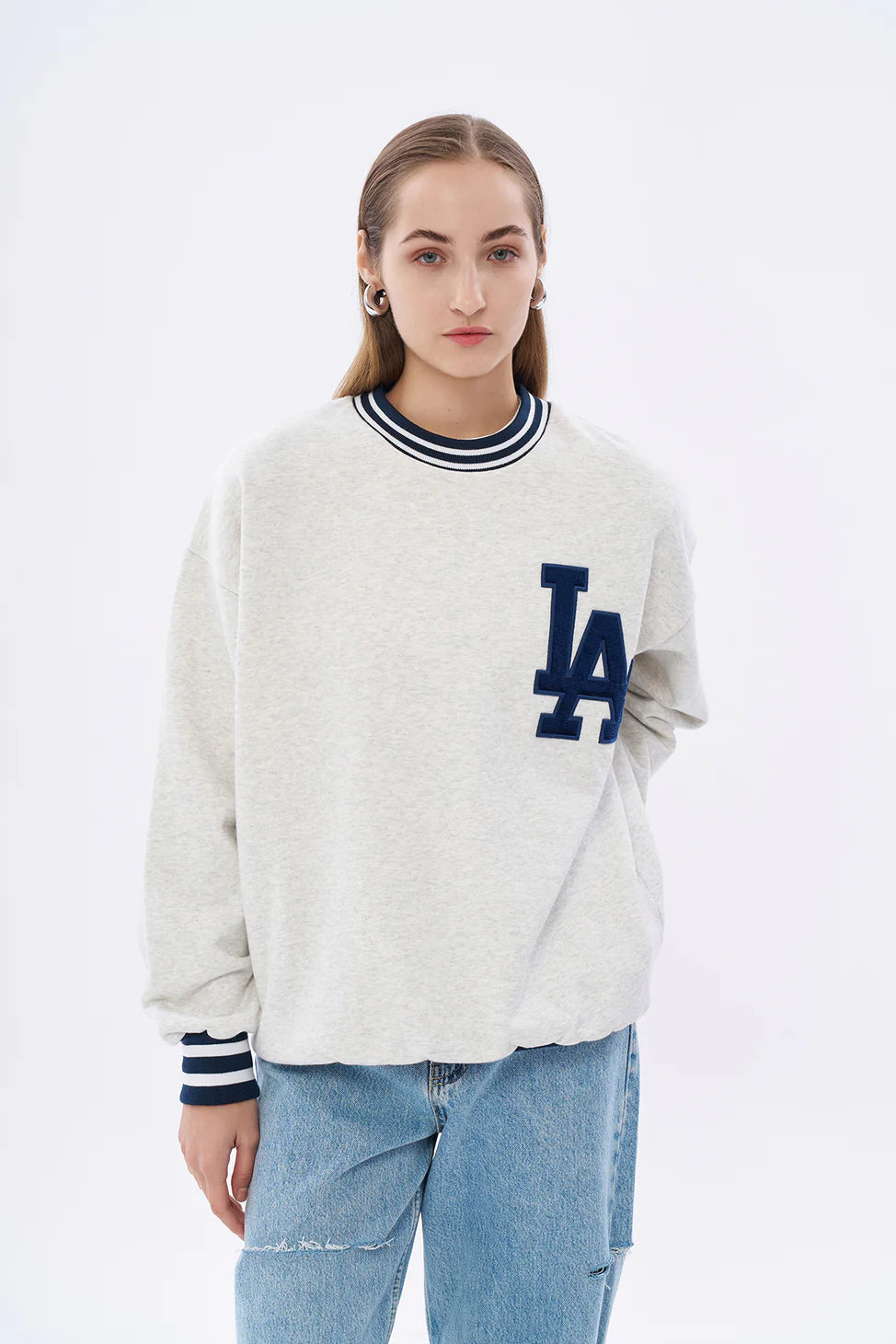 Printed Oversize Sweatshirt with Piping Detail Gray