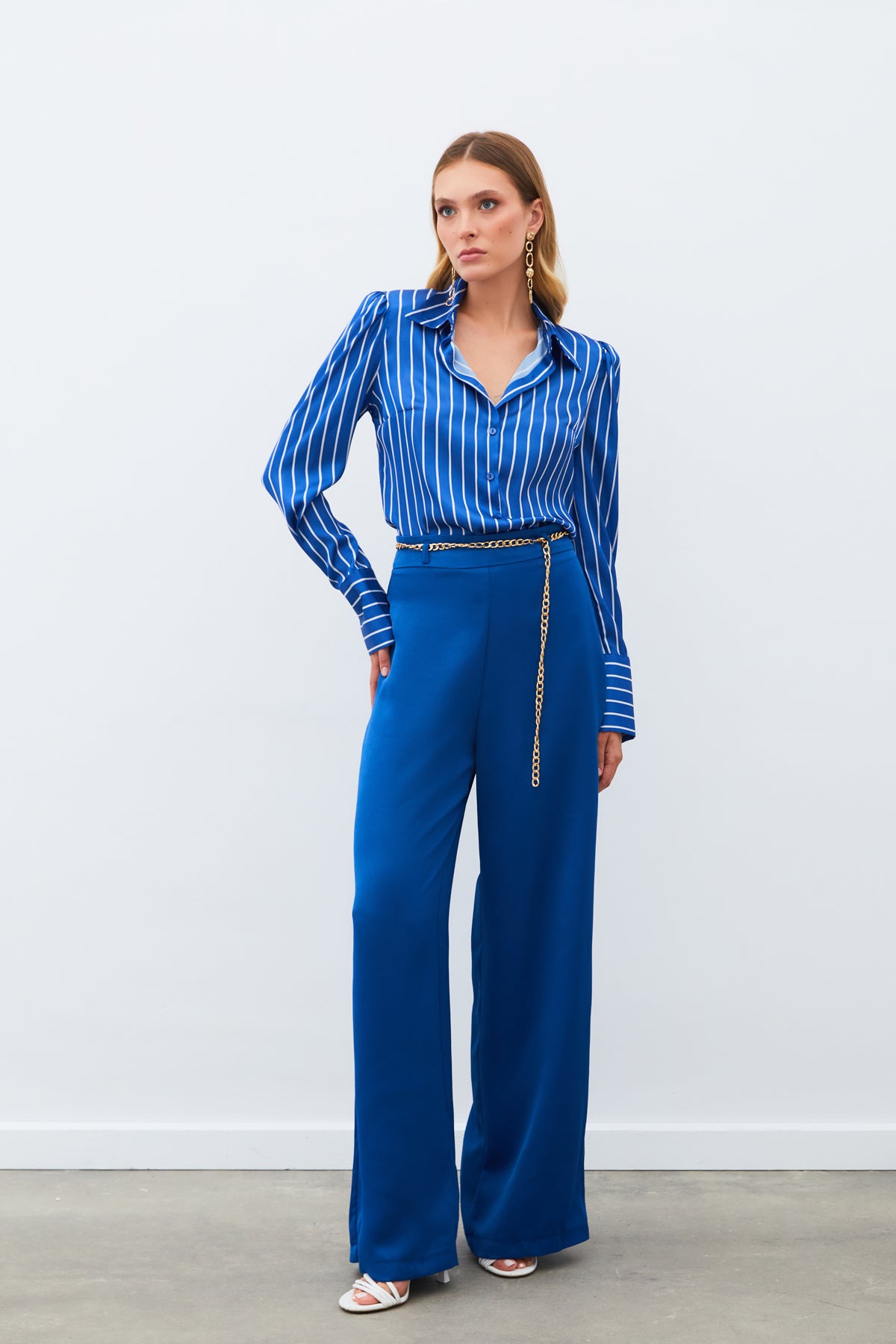 Chain Satin Crepe Trousers - Dark Blue