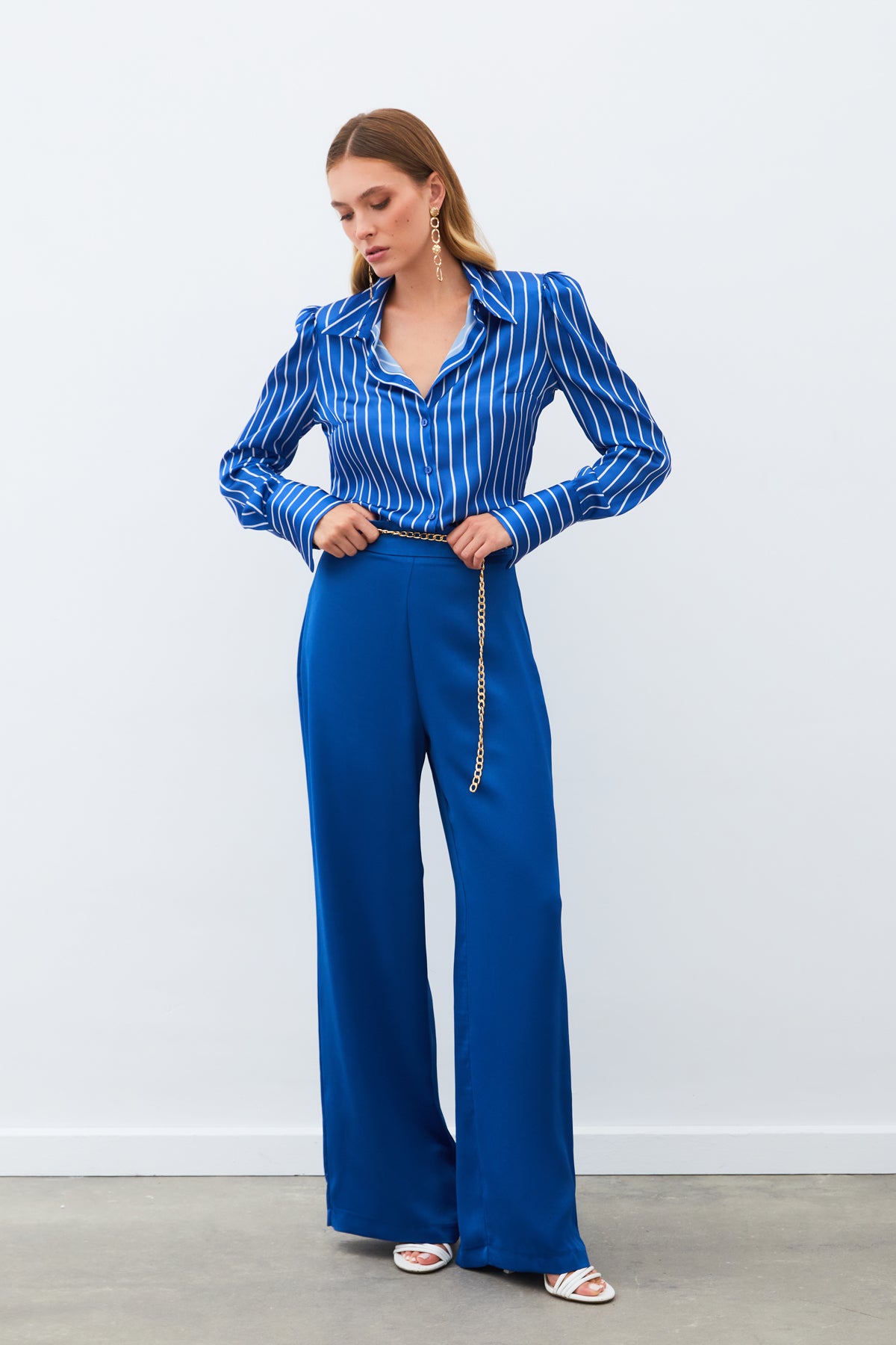 Chain Satin Crepe Trousers - Dark Blue