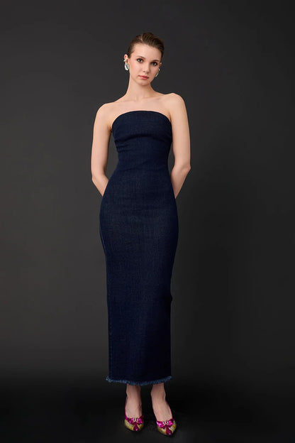 Strapless Detailed Denim Long Dress Blue