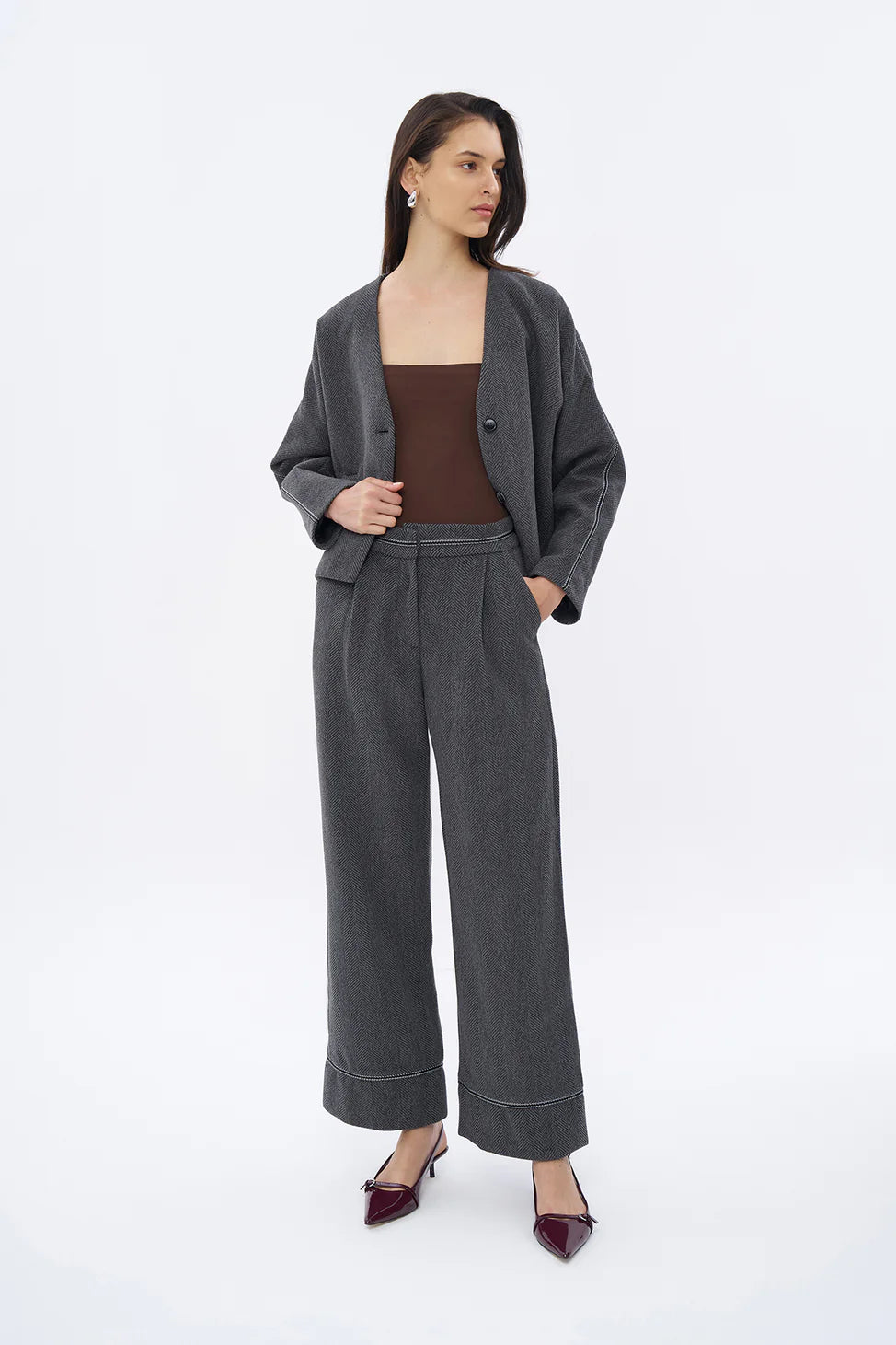 Leg Stripe Detailed Cashmere High Waist Trousers Anthracite