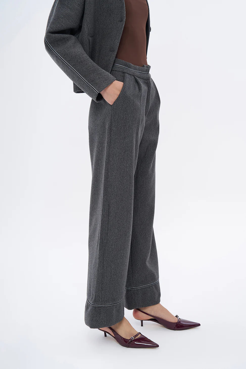 Leg Stripe Detailed Cashmere High Waist Trousers Anthracite