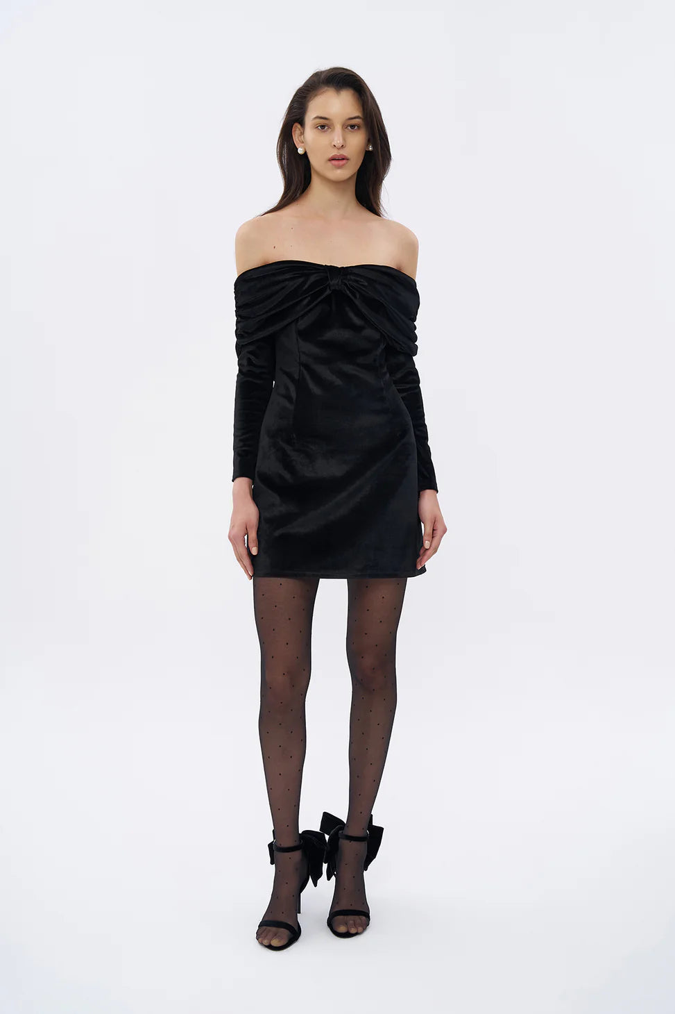 Ribbon Detailed Velvet Mini Dress Black