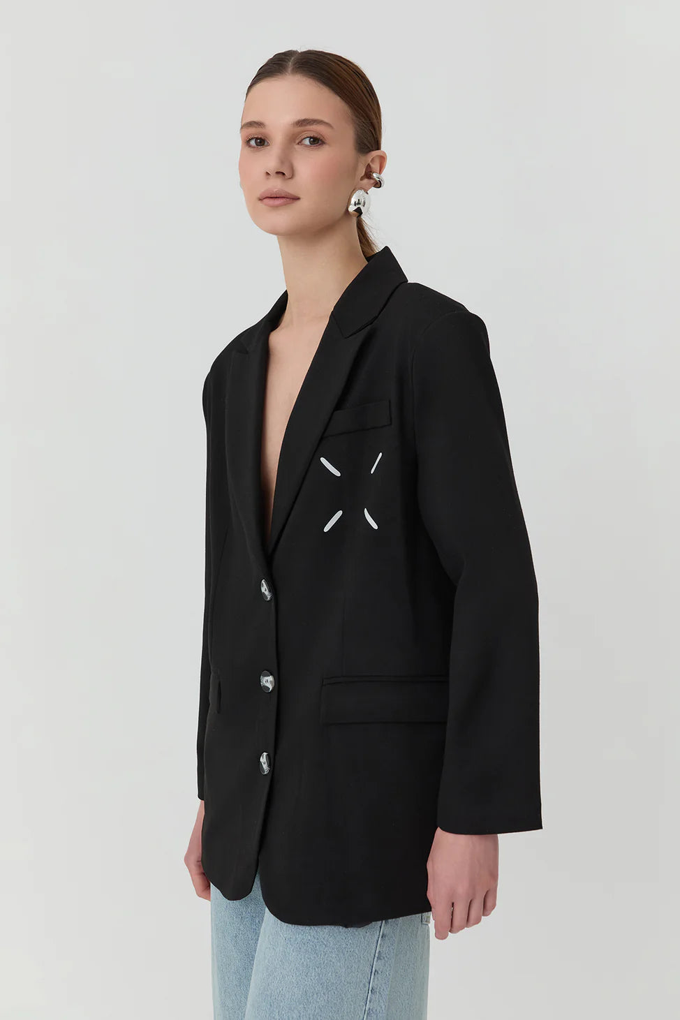 Double Breasted Blazer Jacket with Number Print on Back Black